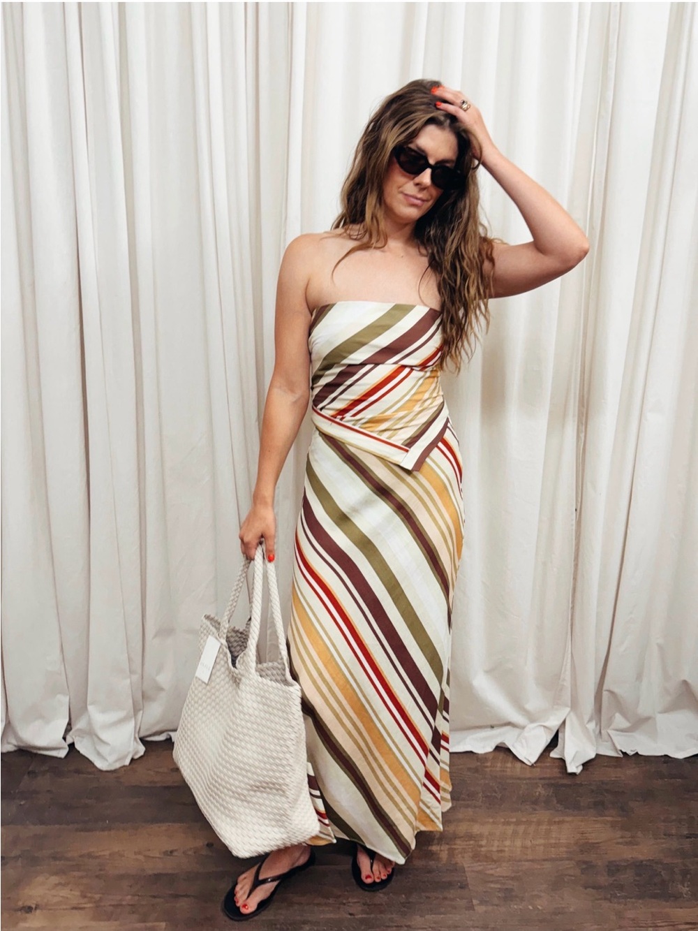 Lucy Paris Strapless Maxi Dress in White, Olive, Mustard & Rust Stripe